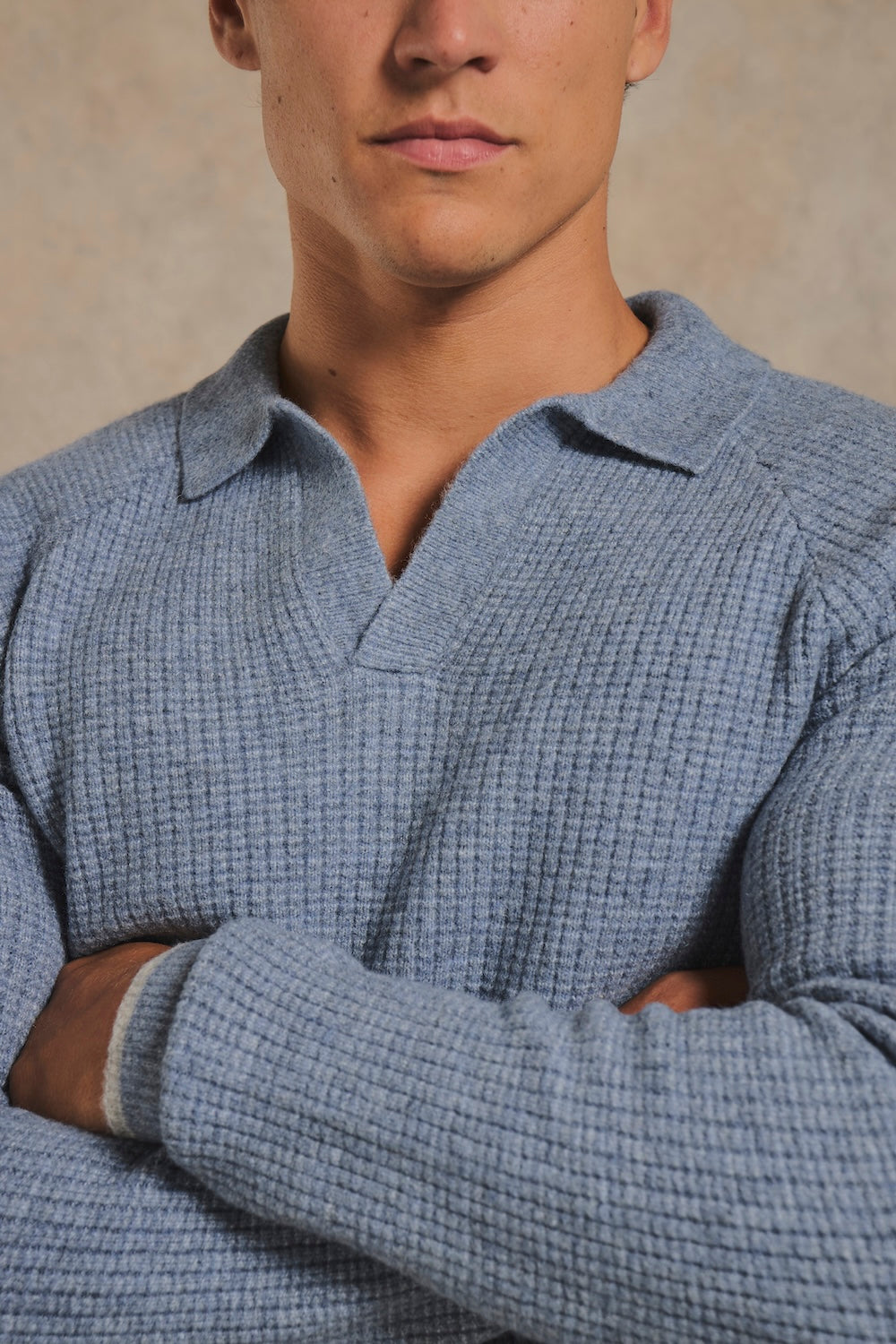 Tipped Fisherman Ribbed Open Collar Polo Shirt in Grey Blue with Light Grey Marl Tipping
