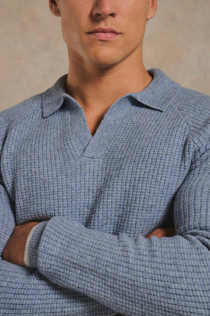 Tipped Fisherman Ribbed Open Collar Polo Shirt in Grey Blue with Light Grey Marl Tipping