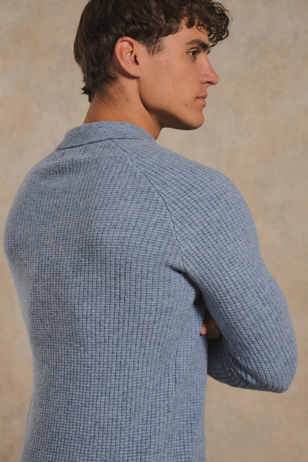 Tipped Fisherman Ribbed Open Collar Polo Shirt in Grey Blue with Light Grey Marl Tipping