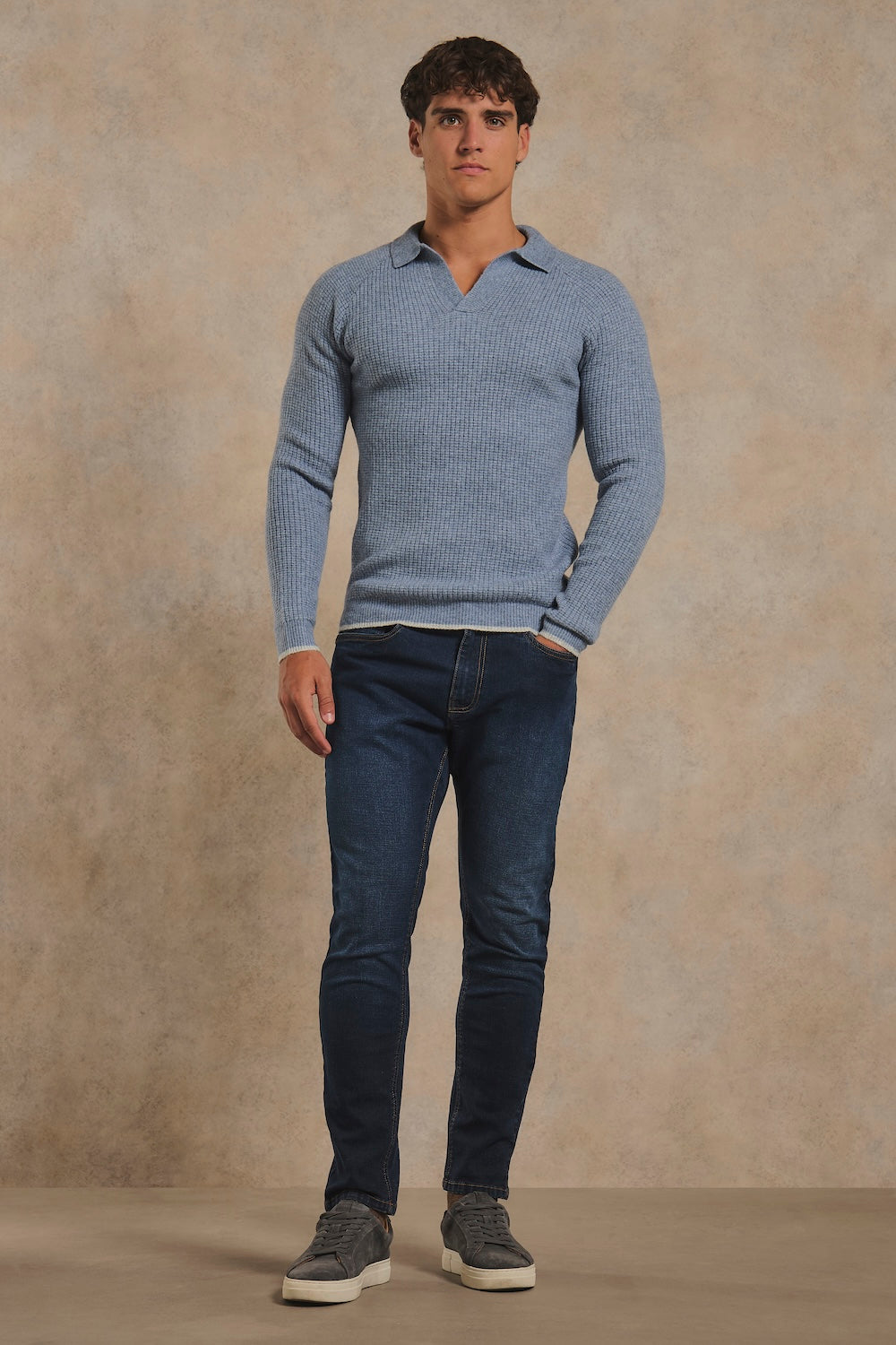 Tipped Fisherman Ribbed Open Collar Polo Shirt in Grey Blue with Light Grey Marl Tipping