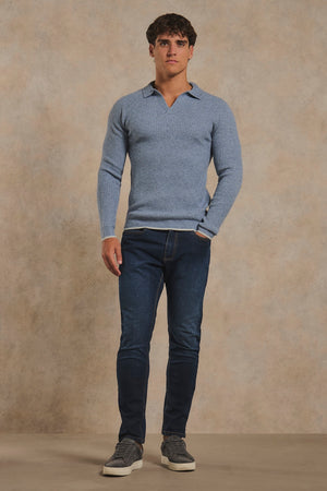 Tipped Fisherman Ribbed Open Collar Polo Shirt in Grey Blue with Light Grey Marl Tipping