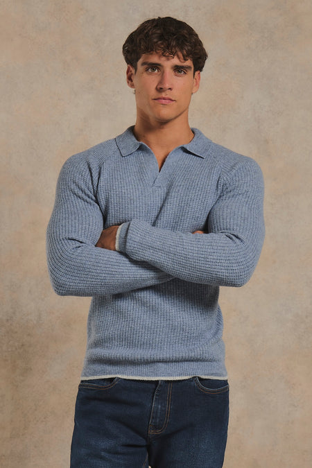 Tipped Fisherman Ribbed Open Collar Polo Shirt in Grey Blue with Light Grey Marl Tipping