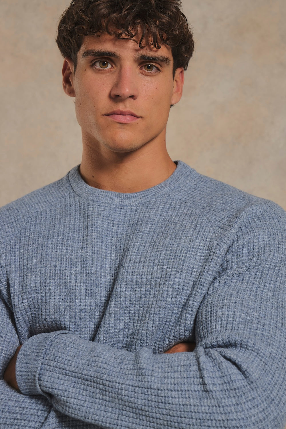 Fisherman Crew Neck Sweater in Grey Blue