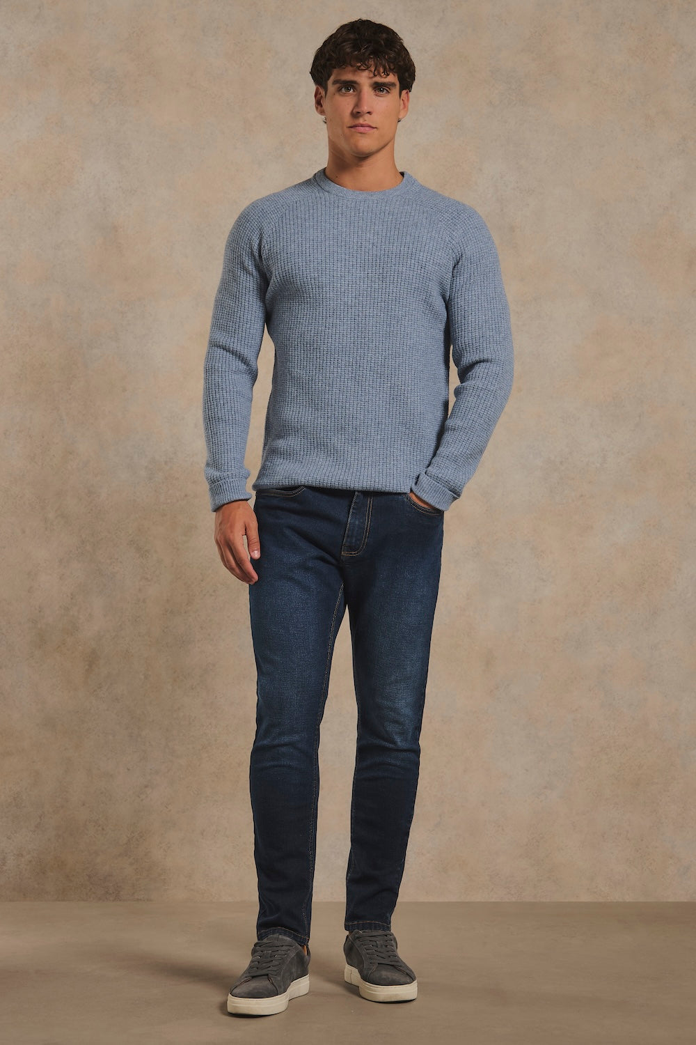 Fisherman Crew Neck Sweater in Grey Blue