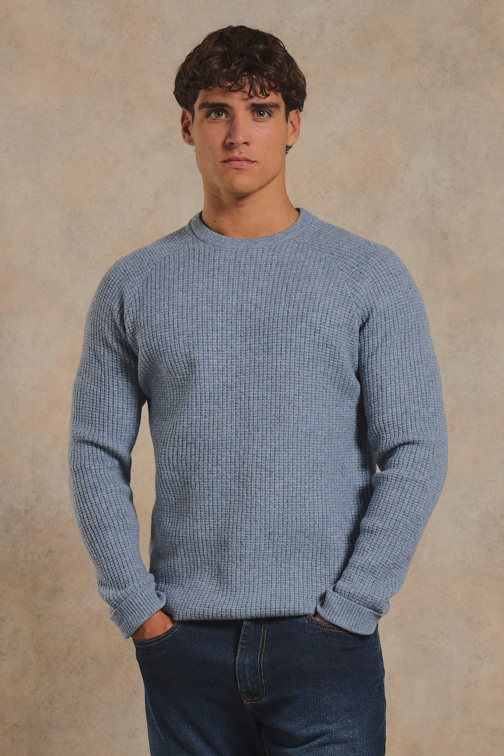 Fisherman Crew Neck Sweater in Grey Blue