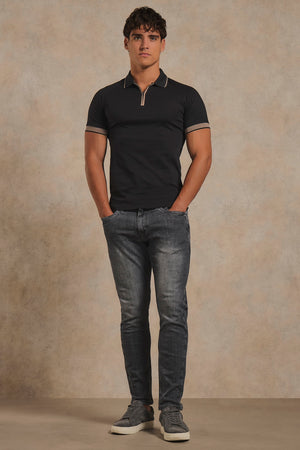 Mercerised Cotton Tipped Zip Neck Polo Shirt in Black with Mocha Tipping