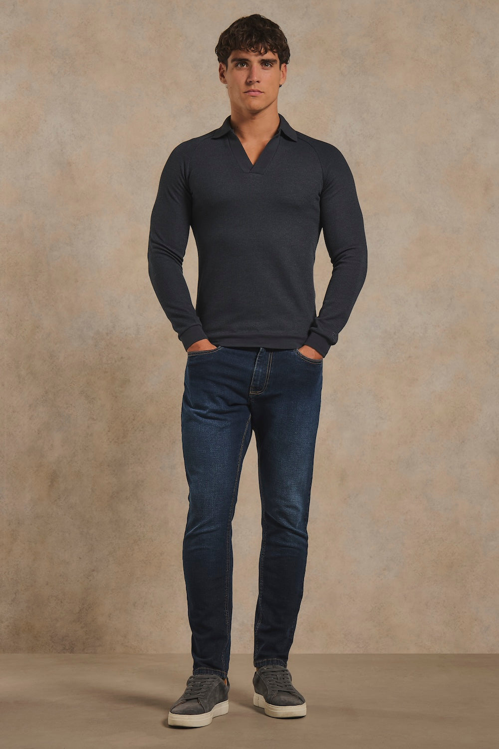 Textured Buttonless Polo Shirt in Graphite