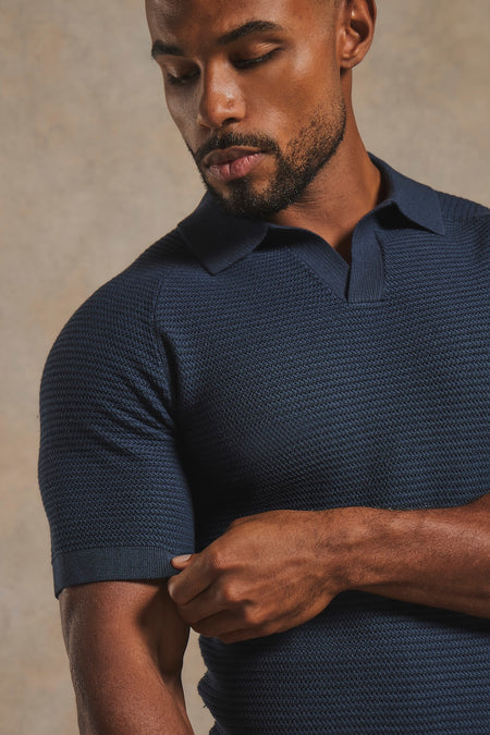 Textured Knitted Open Collar Polo Shirt in Navy