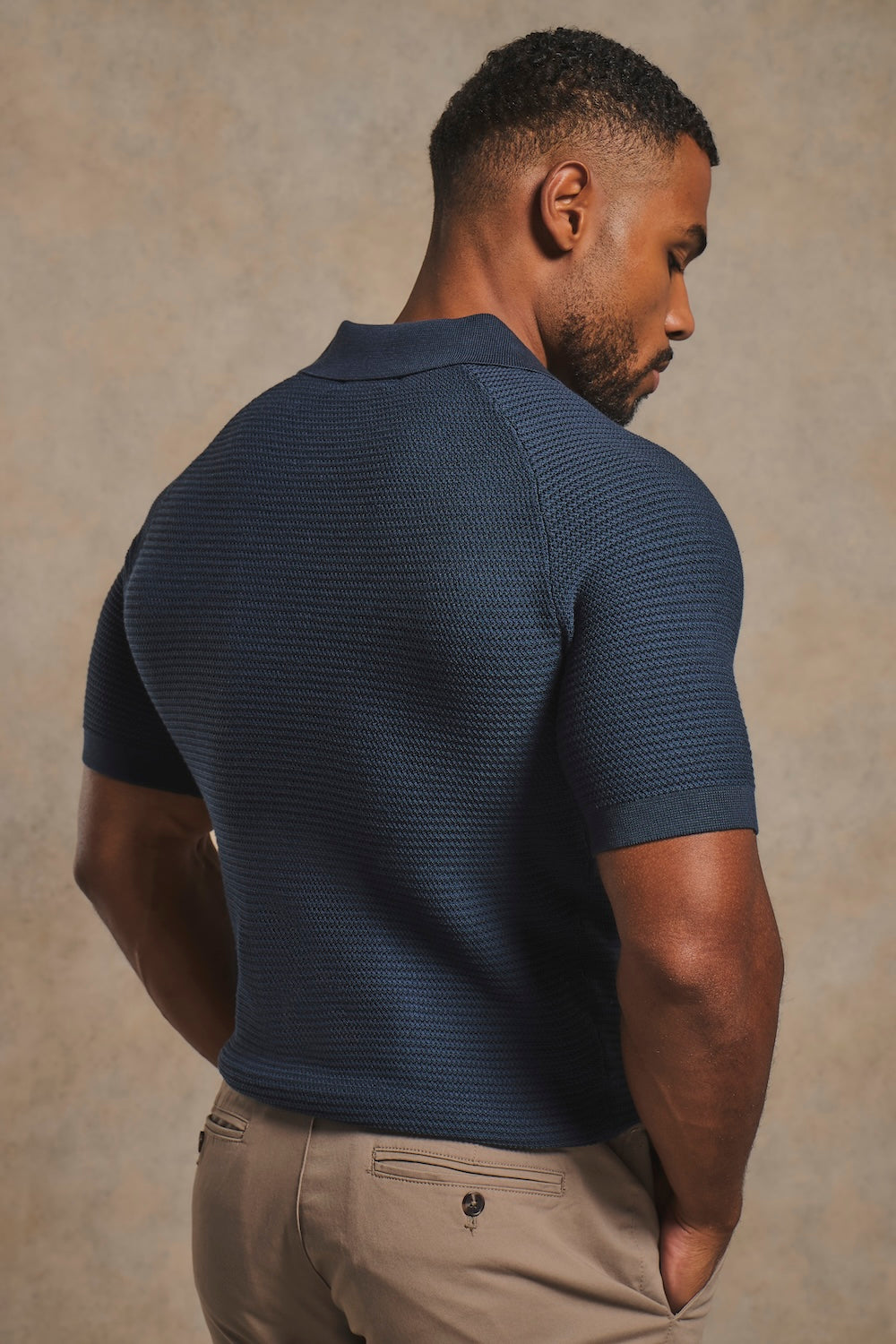 Textured Knitted Open Collar Polo Shirt in Navy