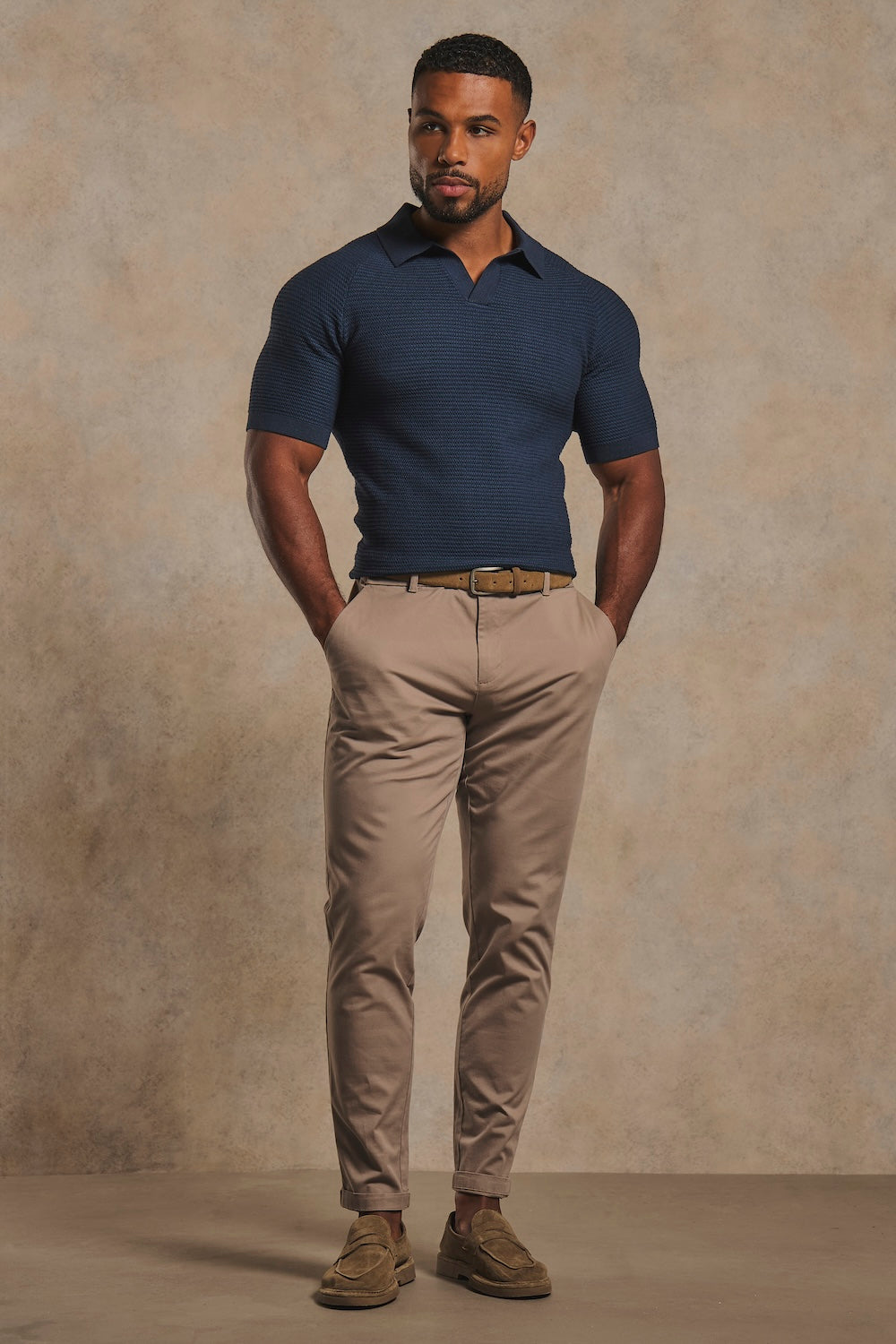 Textured Knitted Open Collar Polo Shirt in Navy