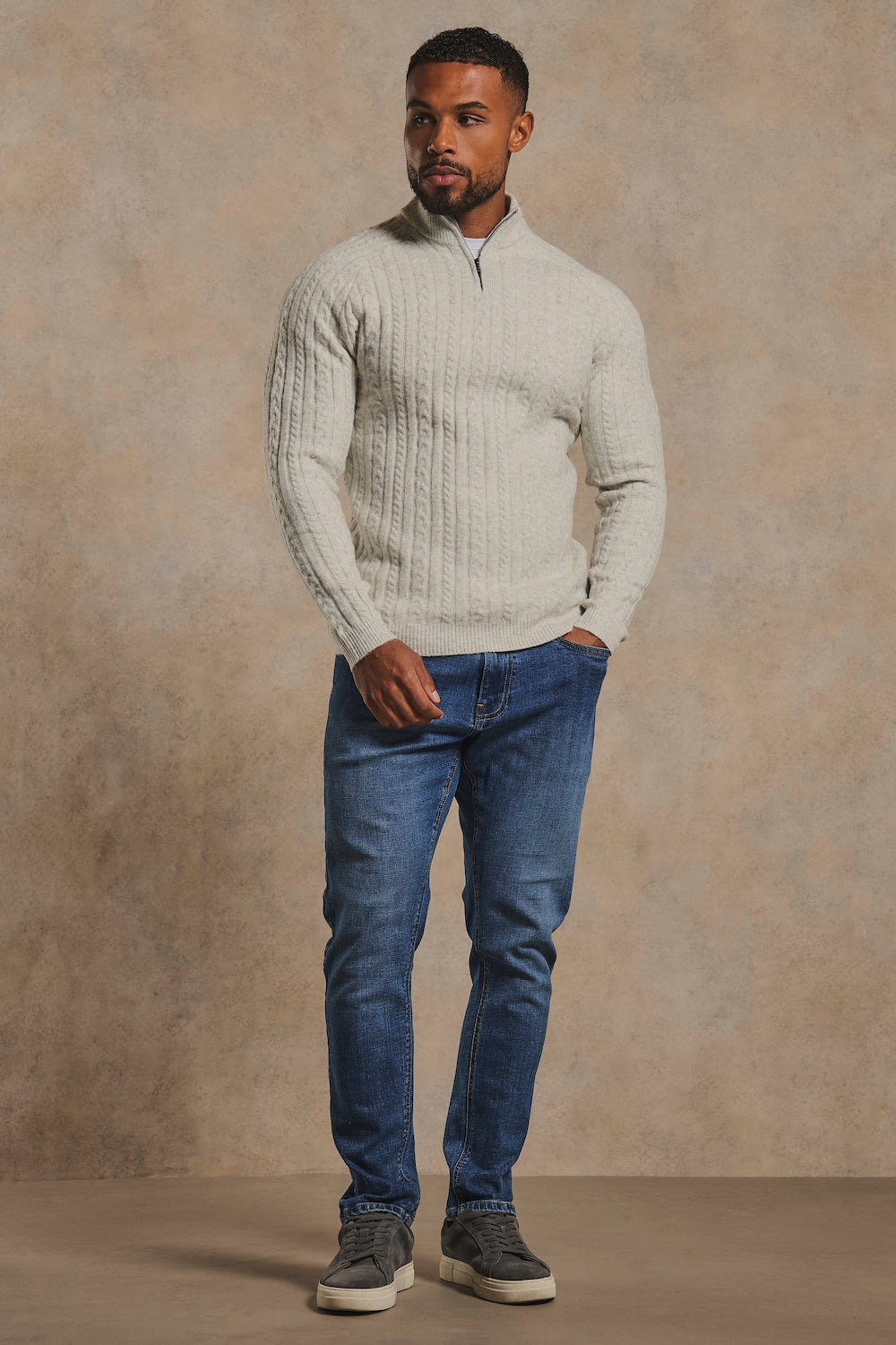 Soft Cable Half Zip Neck Sweater in Soft Grey Marl