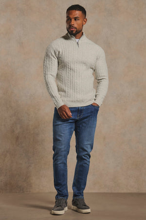 Soft Cable Half Zip Neck Sweater in Soft Grey Marl