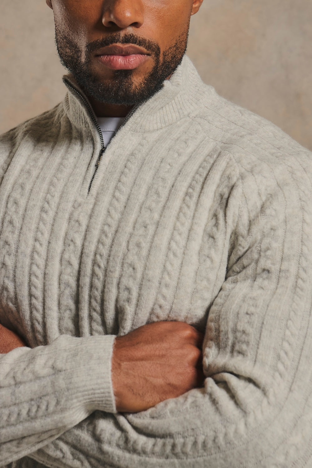 Soft Cable Half Zip Neck Sweater in Soft Grey Marl