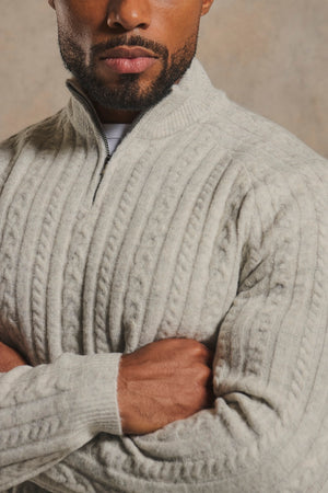 Soft Cable Half Zip Neck Sweater in Soft Grey Marl