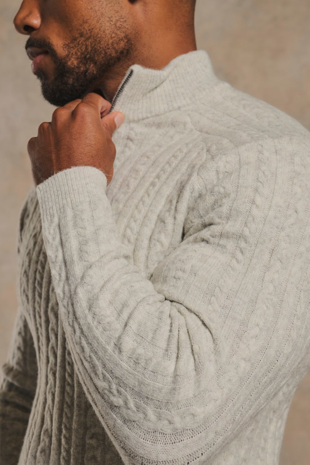 Soft Cable Half Zip Neck Sweater in Soft Grey Marl