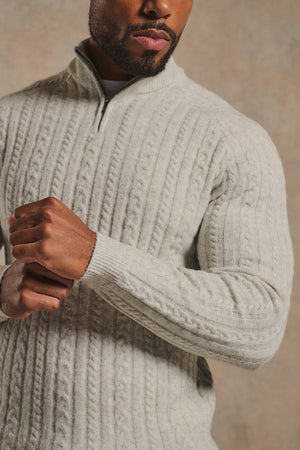 Soft Cable Half Zip Neck Sweater in Soft Grey Marl