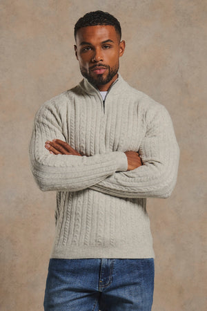 Soft Cable Half Zip Neck Sweater in Soft Grey Marl
