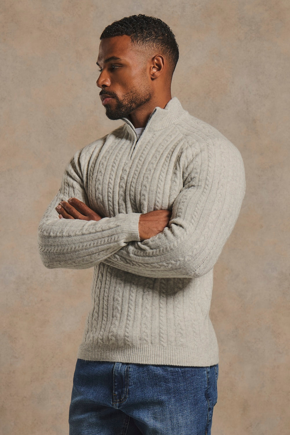 Soft Cable Half Zip Neck Sweater in Soft Grey Marl