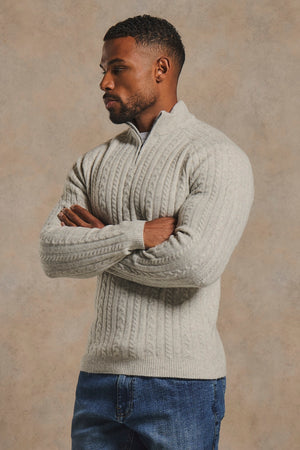 Soft Cable Half Zip Neck Sweater in Soft Grey Marl