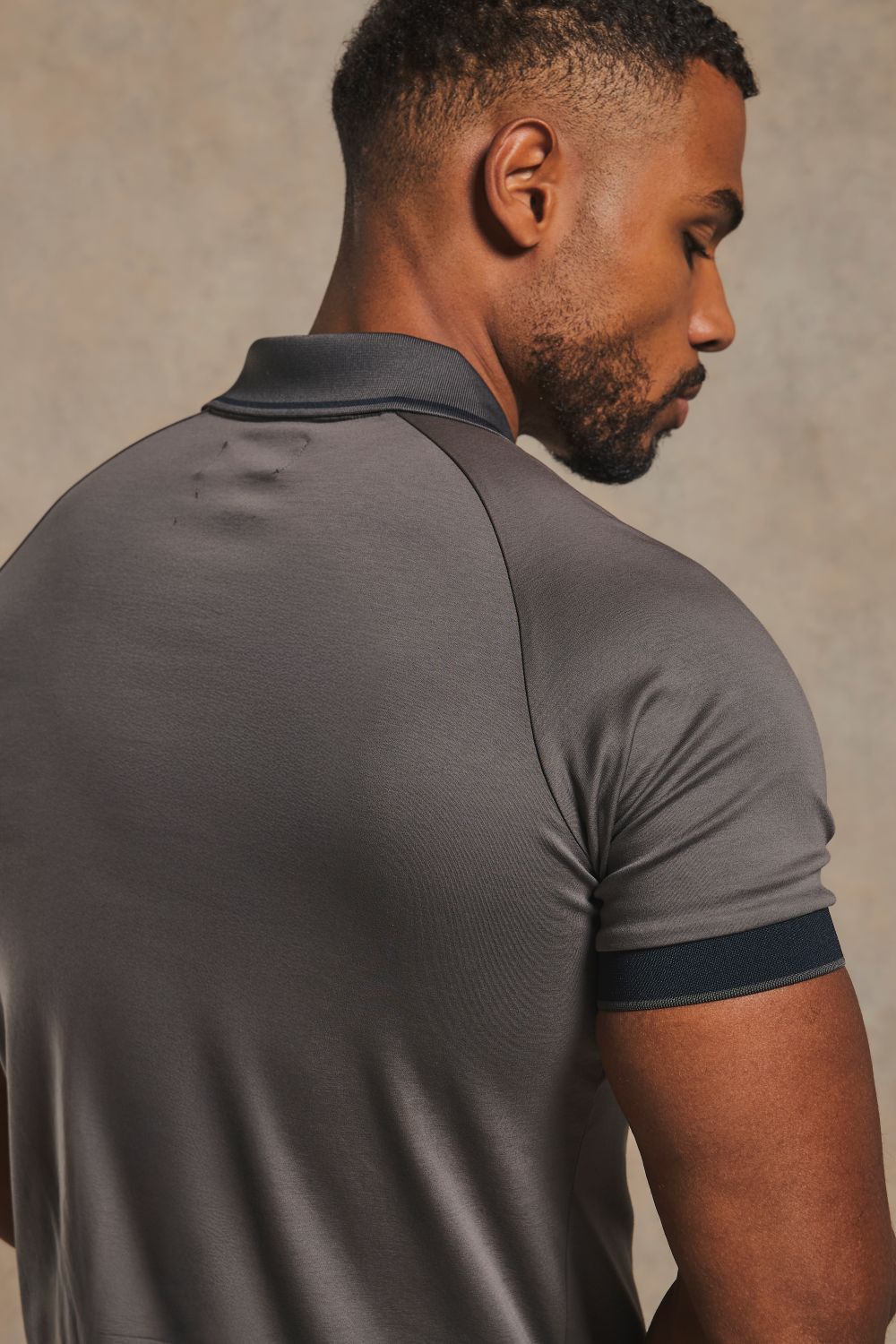 Mercerised Cotton Tipped Zip Neck Polo Shirt in Charcoal and Navy