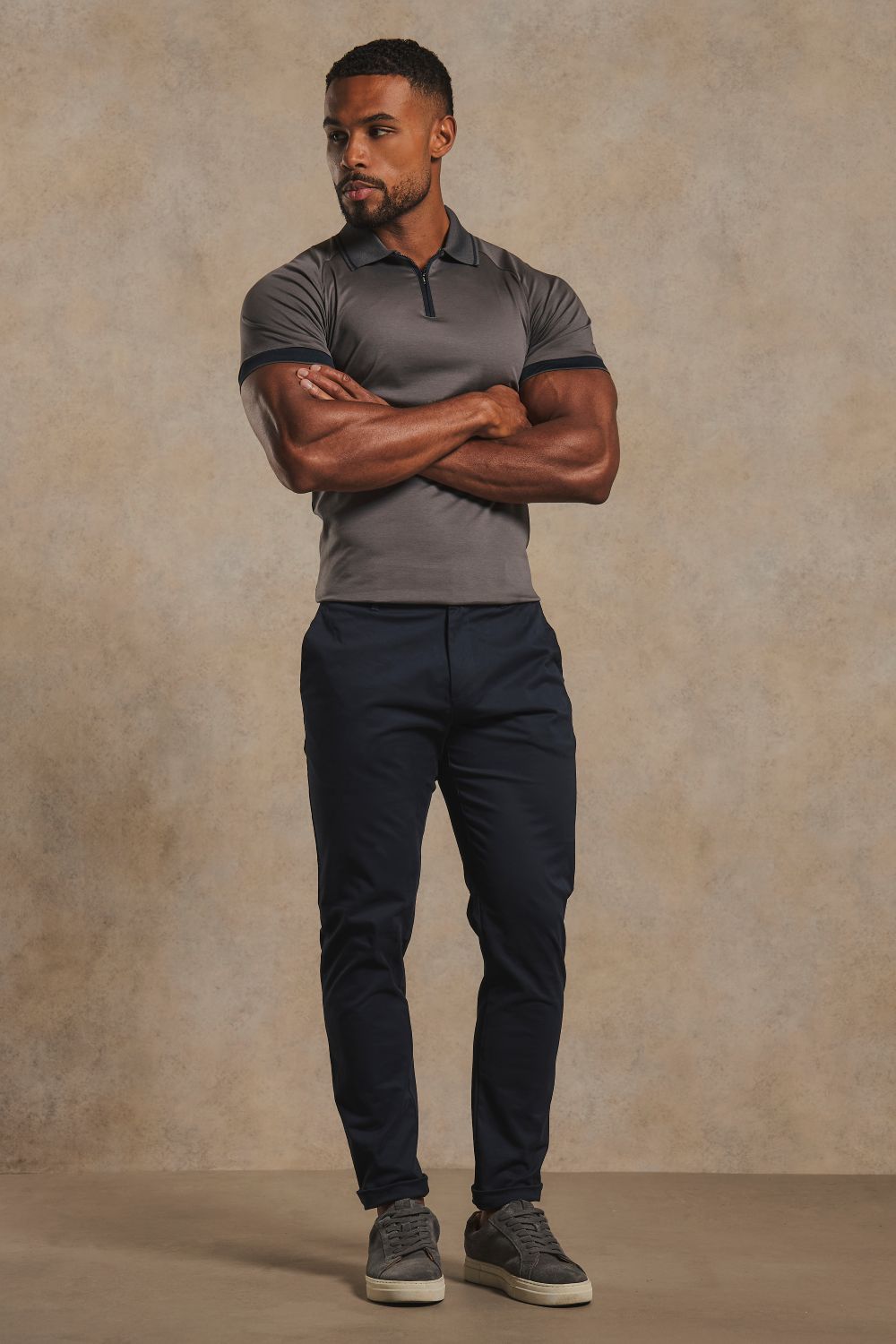 Mercerised Cotton Tipped Zip Neck Polo Shirt in Charcoal and Navy