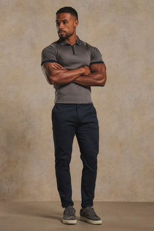 Mercerised Cotton Tipped Zip Neck Polo Shirt in Charcoal and Navy