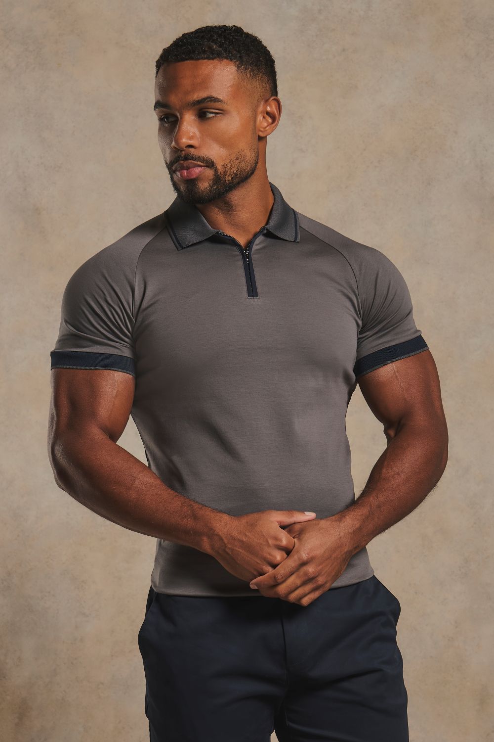 Mercerised Cotton Tipped Zip Neck Polo Shirt in Charcoal and Navy