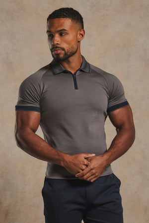 Mercerised Cotton Tipped Zip Neck Polo Shirt in Charcoal and Navy