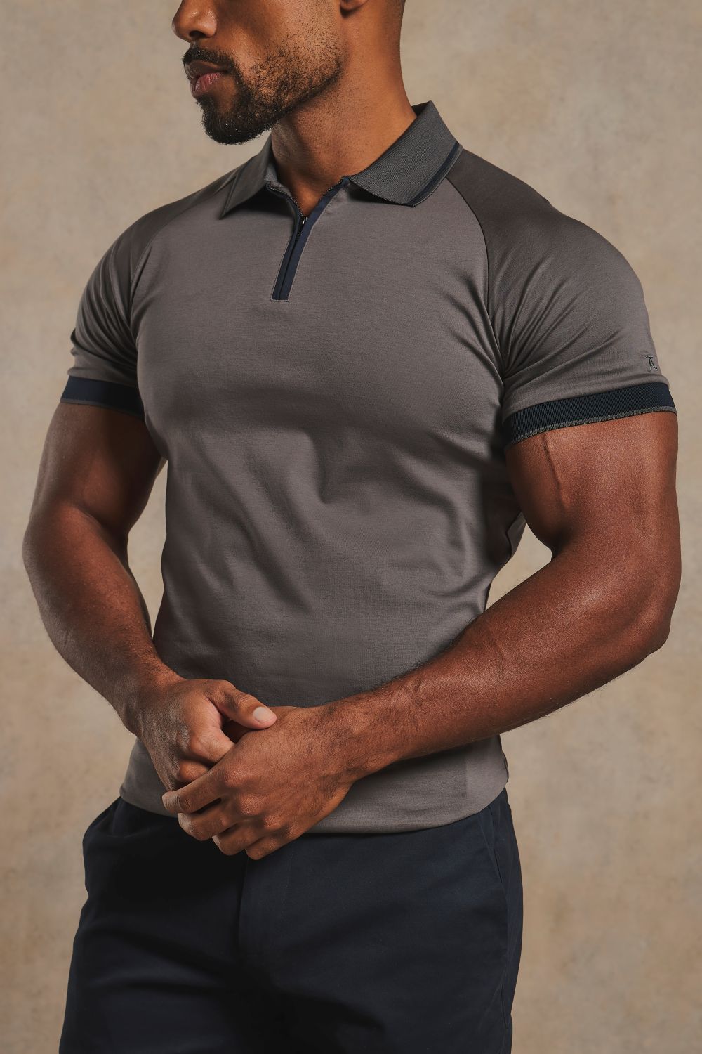 Mercerised Cotton Tipped Zip Neck Polo Shirt in Charcoal and Navy