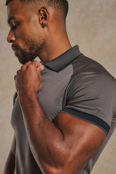 Mercerised Cotton Tipped Zip Neck Polo Shirt in Charcoal and Navy