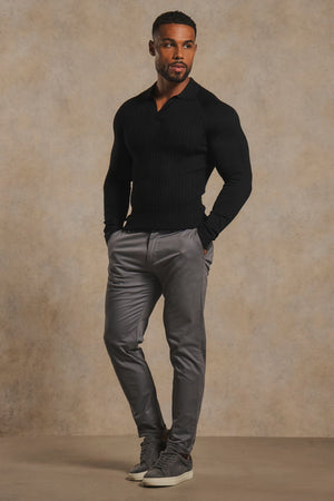 Fine Cable Knitted Open Collar Polo Shirt in Black