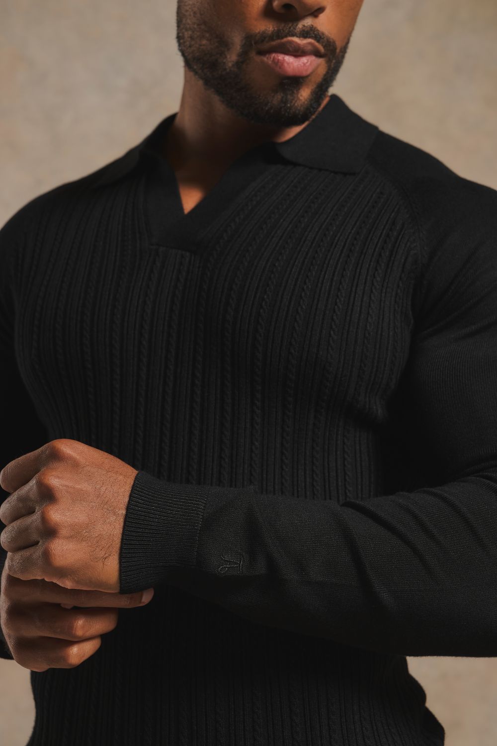Fine Cable Knitted Open Collar Polo Shirt in Black