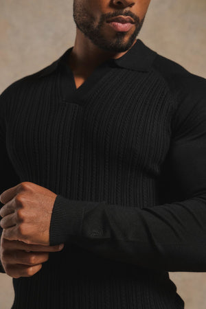 Fine Cable Knitted Open Collar Polo Shirt in Black