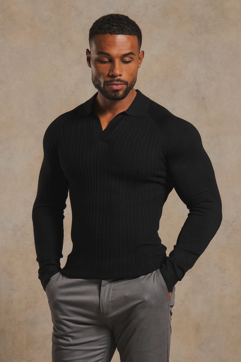 Fine Cable Knitted Open Collar Polo Shirt in Black
