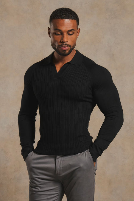 Fine Cable Knitted Open Collar Polo Shirt in Black