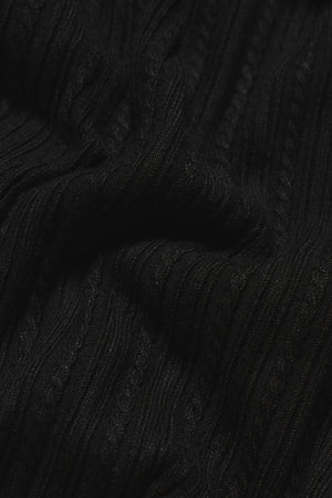 Fine Cable Knitted Open Collar Polo Shirt in Black