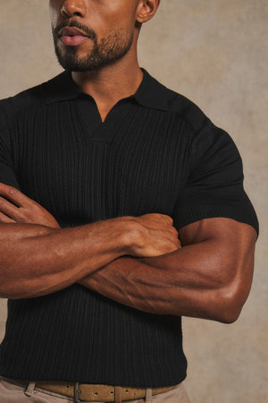 Fine Cable Knitted Open Collar Polo Shirt in Black