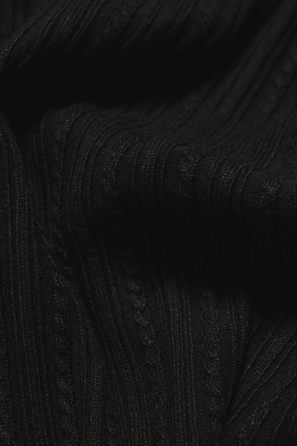 Fine Cable Knitted Open Collar Polo Shirt in Black