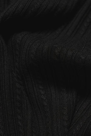 Fine Cable Knitted Open Collar Polo Shirt in Black