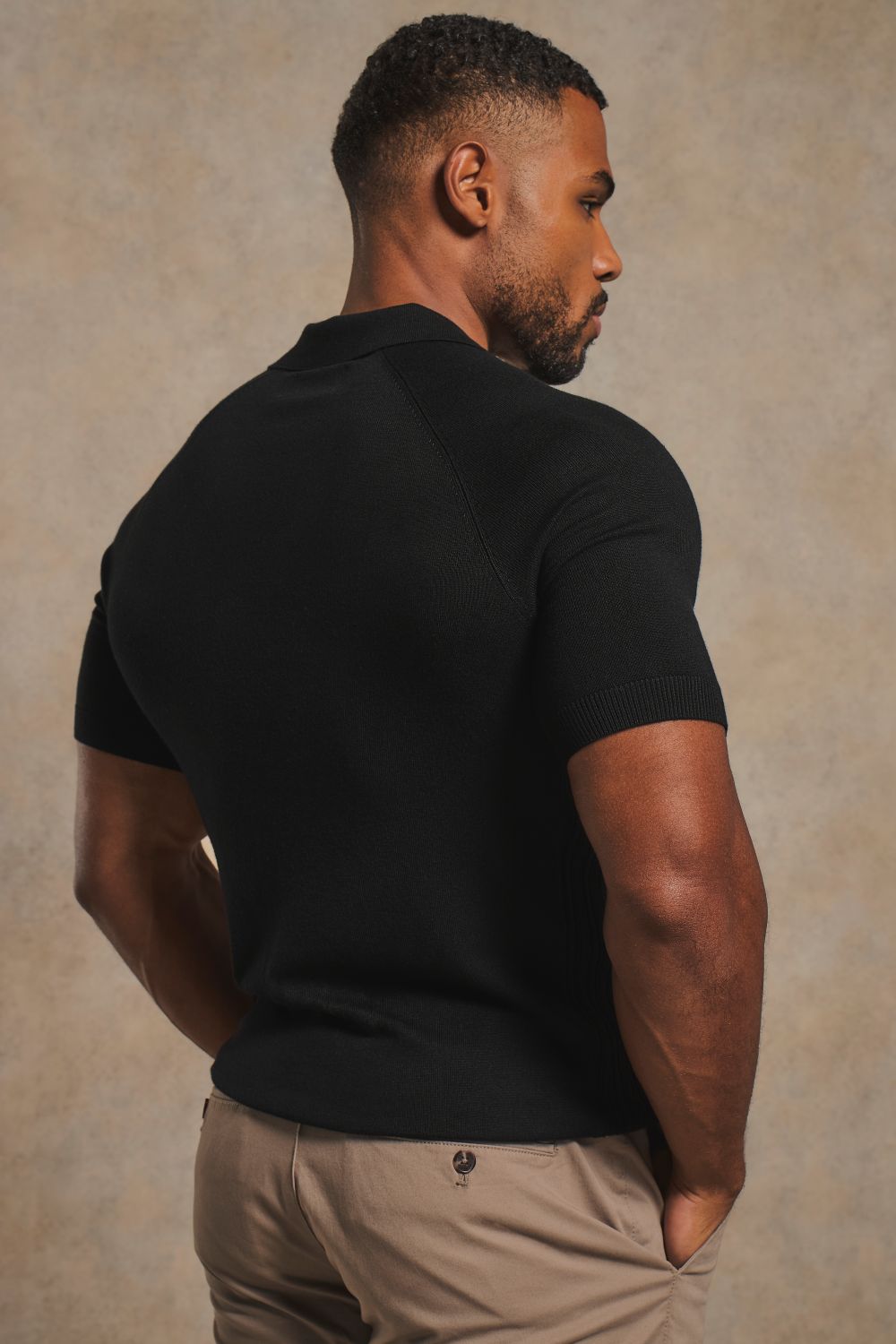 Fine Cable Knitted Open Collar Polo Shirt in Black