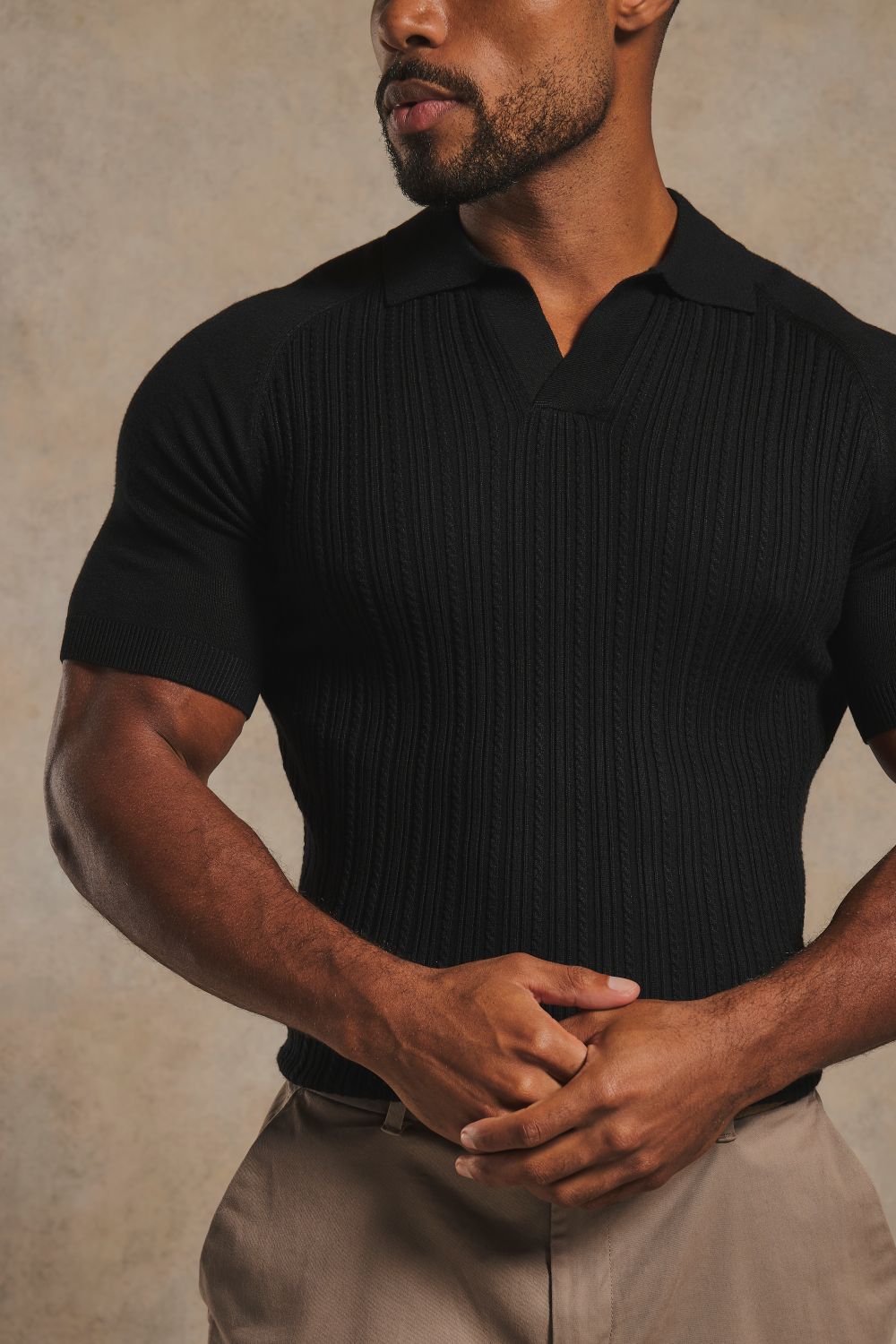Fine Cable Knitted Open Collar Polo Shirt in Black