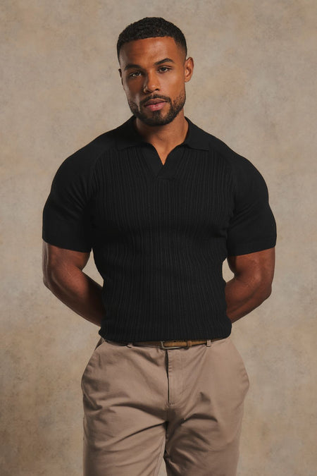 Fine Cable Knitted Open Collar Polo Shirt in Black