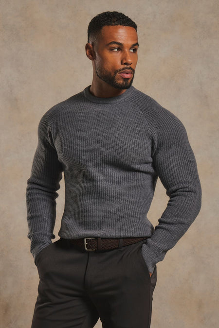 Fisherman Crew Neck Sweater in Steel Grey