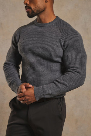 Fisherman Crew Neck Sweater in Steel Grey