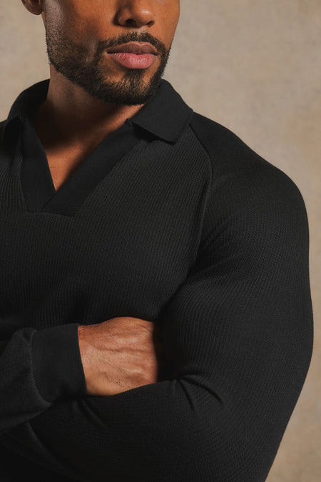Textured Buttonless Polo Shirt in Black