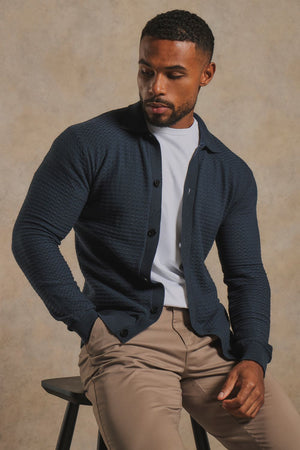 Square Textured Knitted Shirt in Dark Slate