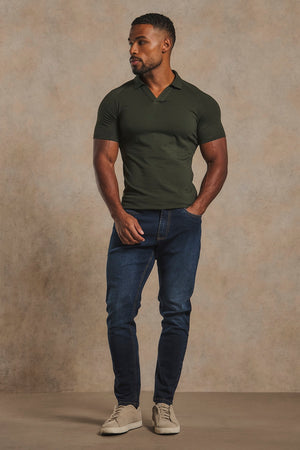 Athletic Fit Signature Open Collar Polo Shirt in Dark Khaki