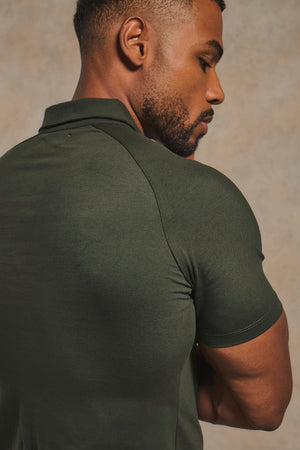 Athletic Fit Signature Open Collar Polo Shirt in Dark Khaki
