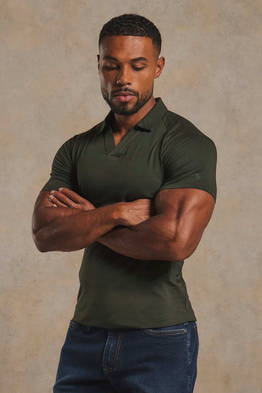 Athletic Fit Signature Open Collar Polo Shirt in Dark Khaki