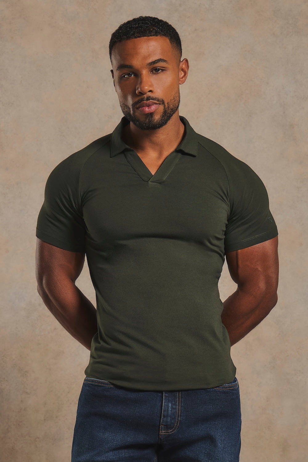 Athletic Fit Signature Open Collar Polo Shirt in Dark Khaki